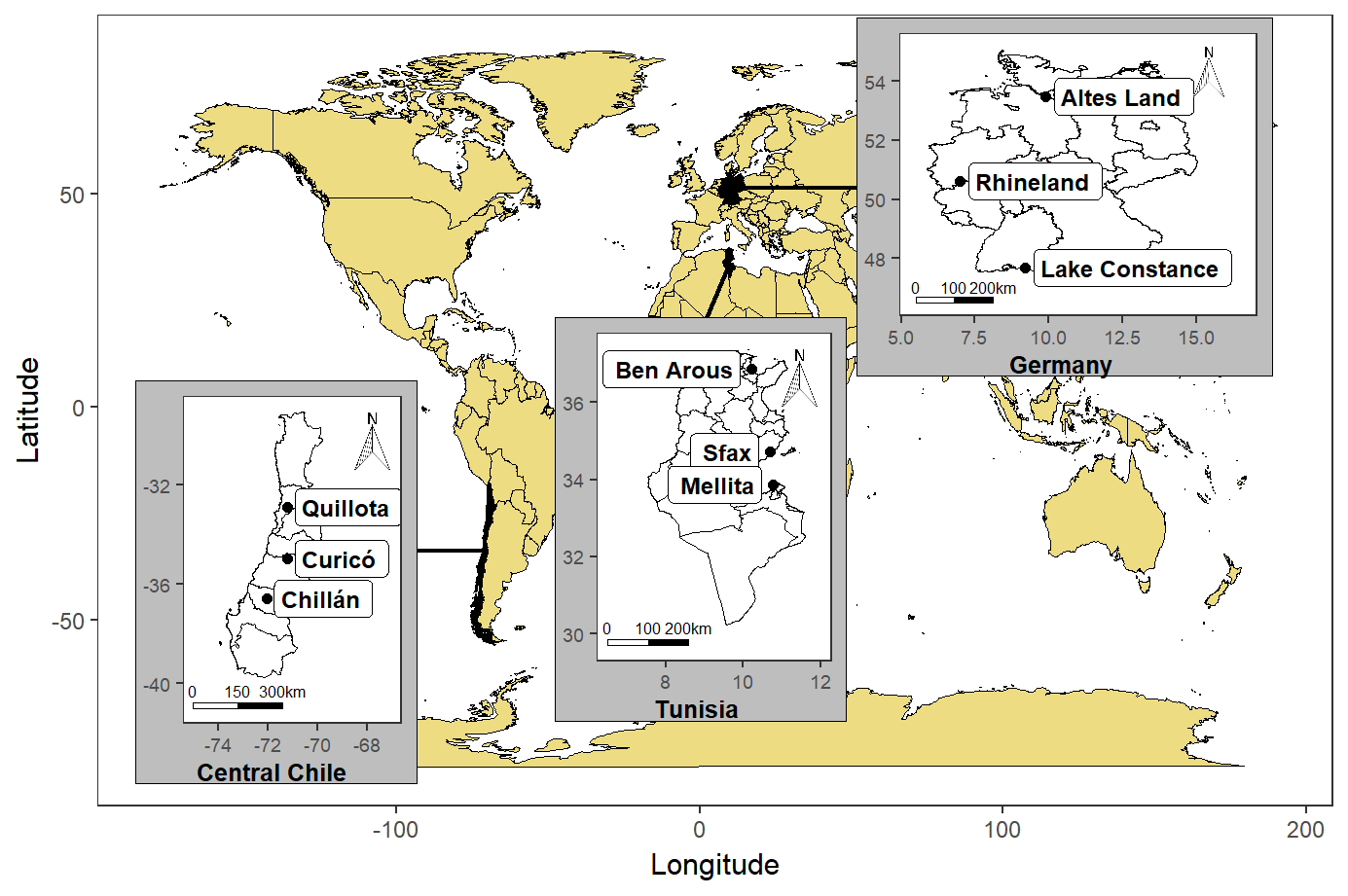 Locations used for comparing predictions by a total of 13 chill models across different climates