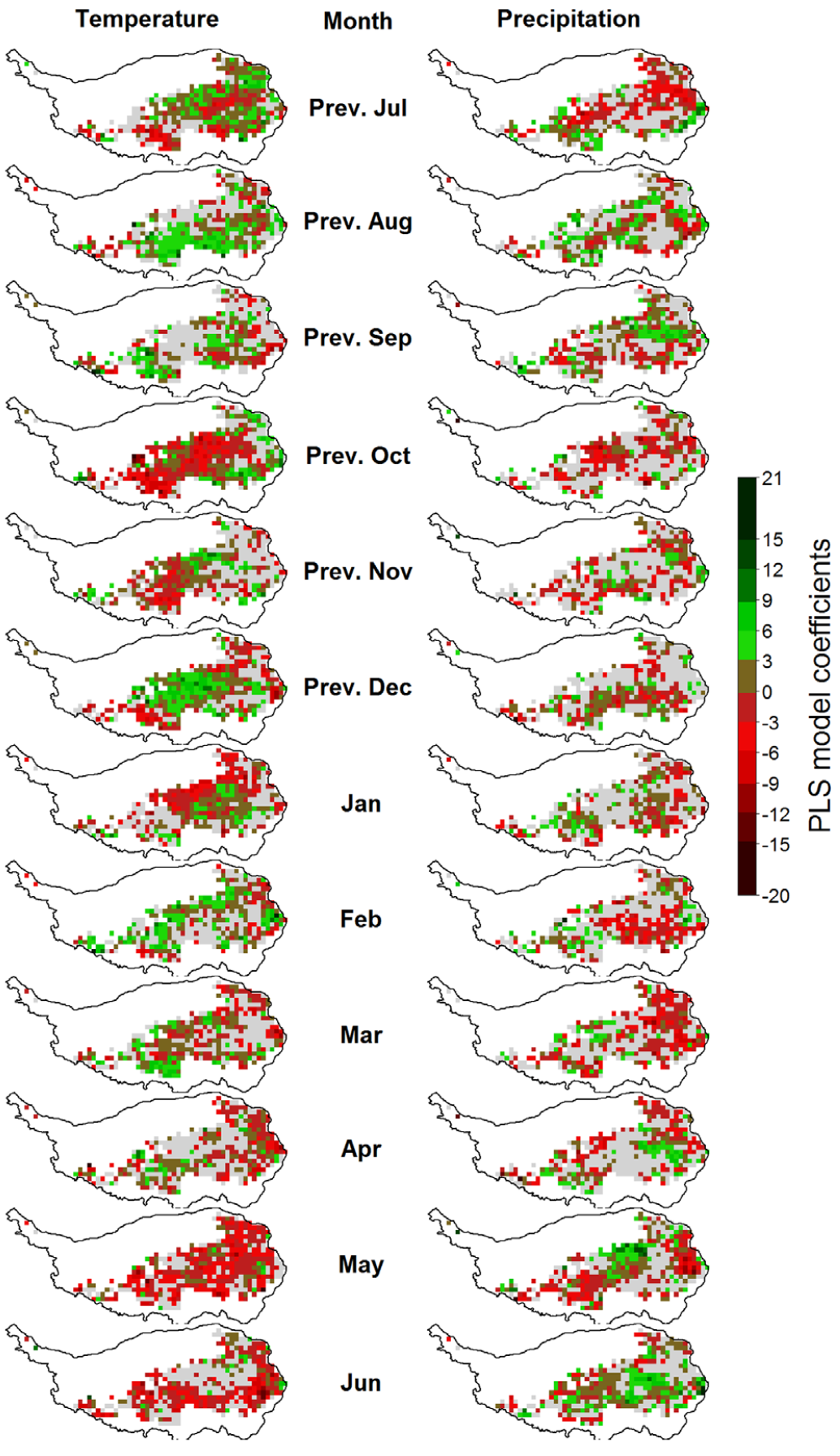 Correlations of monthly temperatures (left) and precipitation (right) with the beginning of the growing season (BGS) on the Tibetan Plateau, according to Partial Least Squares (PLS) regression. For each variable, pixels for which the variable-importance-in-the-projection score was <0.8 are shown in gray. Pixels with insufficient data for PLS analysis are shown in white (Yu et al., 2012)