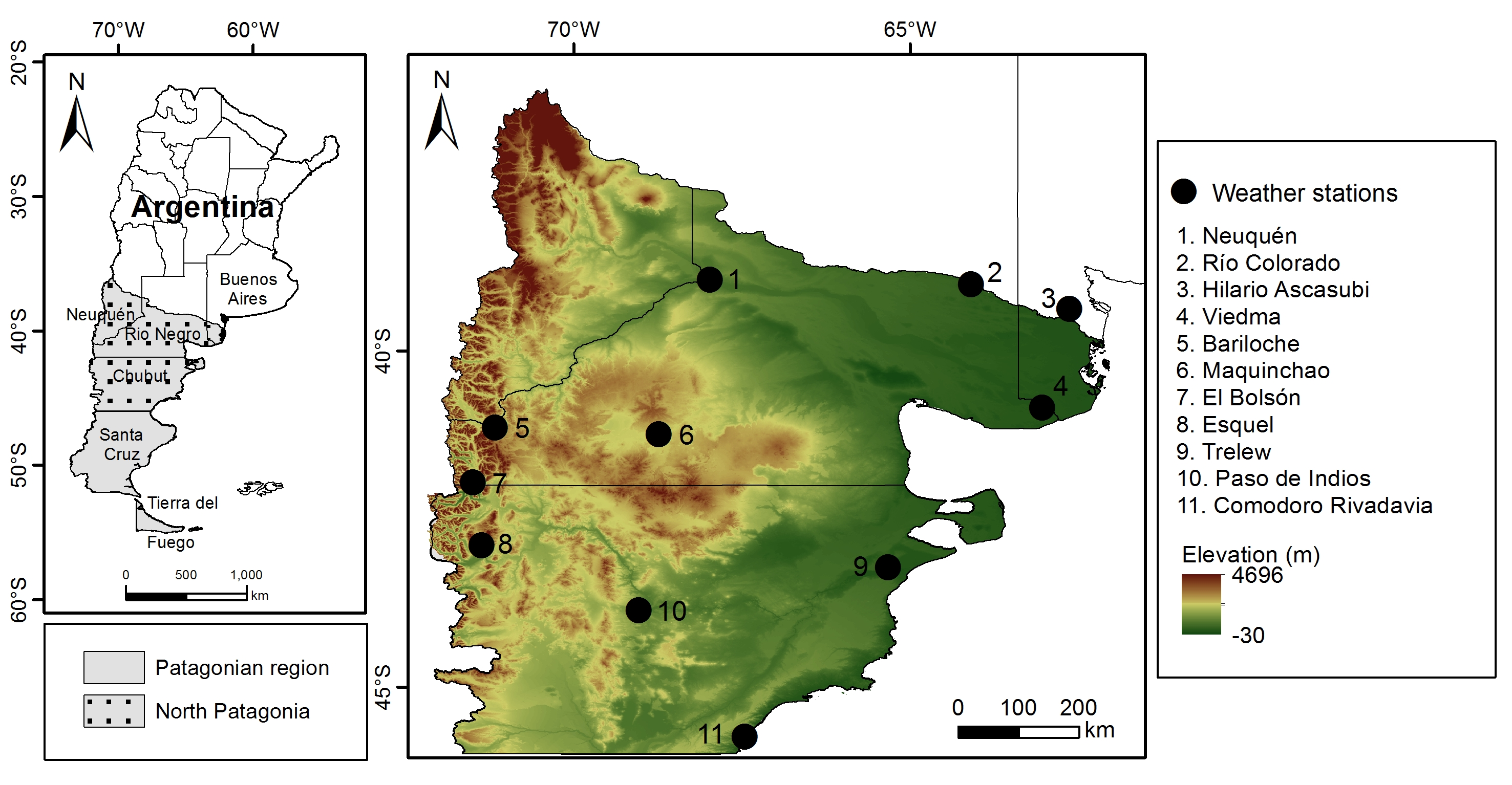 Map of parts of Patagonia in Argentina, showing locations that were analyzed in this study